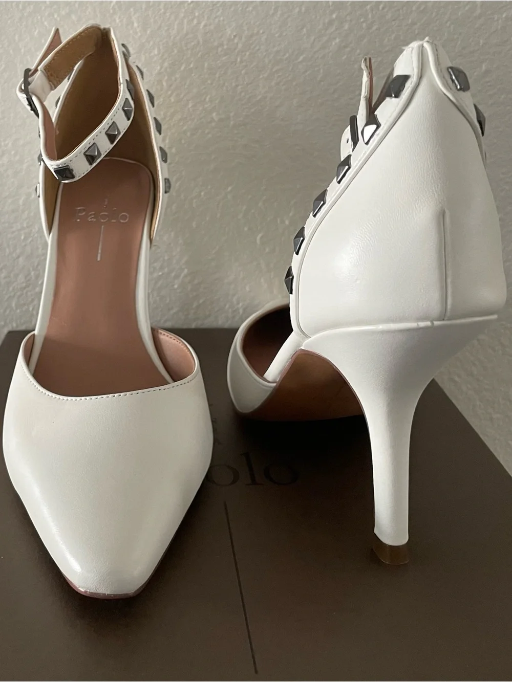 Paolo Leather Studded Ankle-Strap Heels in eggshell